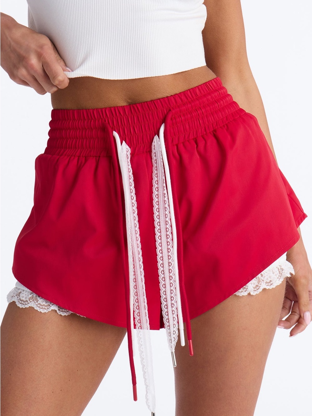 Women's Red Lace-Trim Athletic Shorts